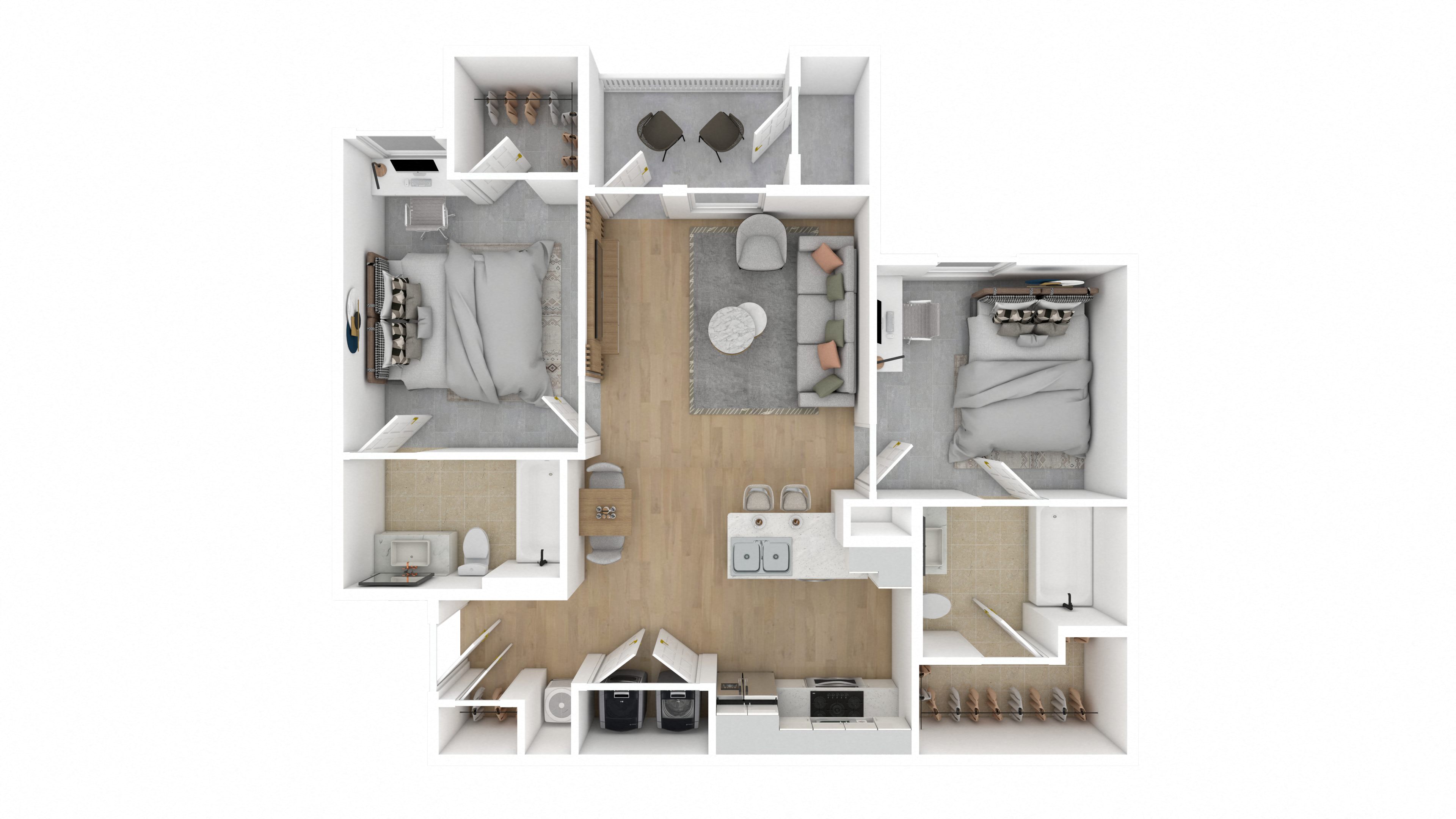 Floor plan for 2 beds, 2 baths, 931 sqft